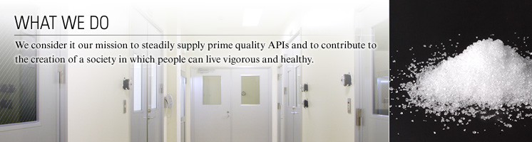 WHAT WE DO : We consider it our mission to steadily supply prime quality APIs and to contribute to the creation of a society in which people can live vigorous and healthy.